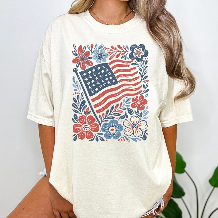 USA Floral Flag Graphic Tee, American Shirt, 250 Years, Patriotic Tee, Fourth of July Shirt, America, Comfort Colors