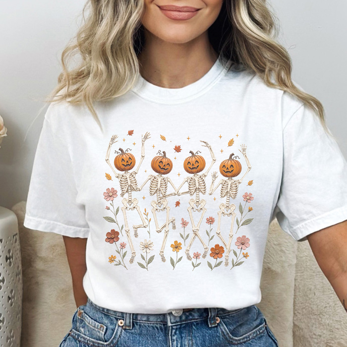 Wildflower Skeleton Graphic Tee, Boho Halloween Shirt, Cute Halloween Tee, Dancing Skeleton Shirt, Comfort Colors