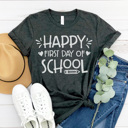 Small Charcoal Happy First Day Graphic Tee Teacher Graphic Tee, Back to School Shirt, Teacher Style