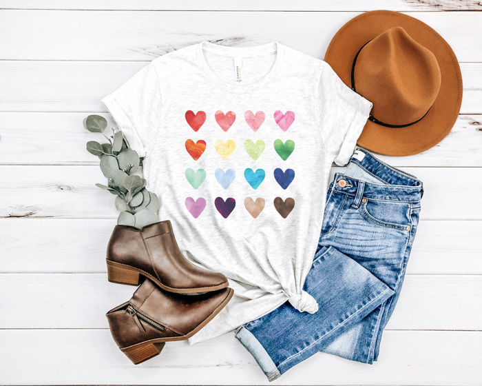Watercolor Hearts Graphic Tee, Rainbow Hearts Shirt