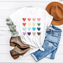 Small Ash Gray Watercolor Hearts Graphic Tee, Rainbow Hearts Shirt