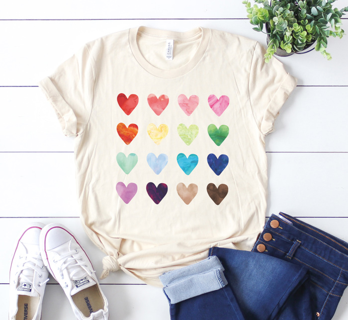 Watercolor Hearts Graphic Tee, Rainbow Hearts Shirt
