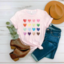 Medium Pink Watercolor Hearts Graphic Tee, Rainbow Hearts Shirt