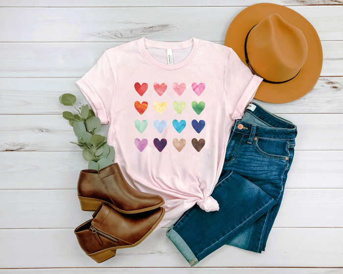 Watercolor Hearts Graphic Tee, Rainbow Hearts Shirt