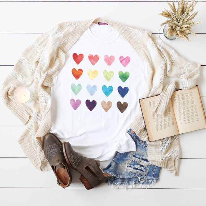 Watercolor Hearts Graphic Tee, Rainbow Hearts Shirt