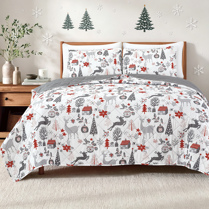 Dan River 3 Piece Christmas Print Pinsonic Quilt Sets