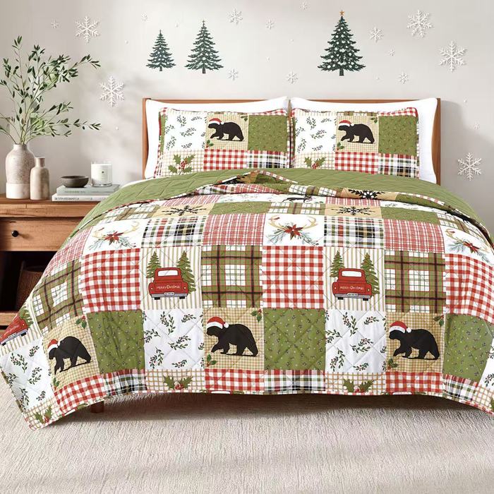 Dan River 3 Piece Christmas Print Pinsonic Quilt Sets