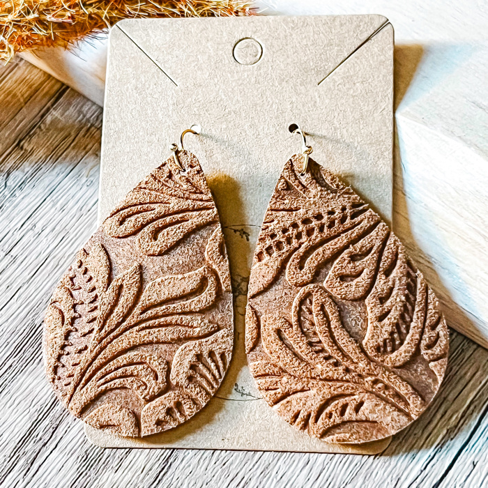 Laura Handmade Leather & Lace Embossed Teardrop Earrings