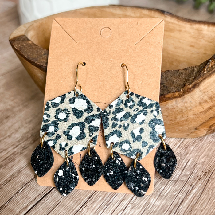 A Wild Time Luxe Fall Hexagon Animal Print & Glitter Leather Earrings