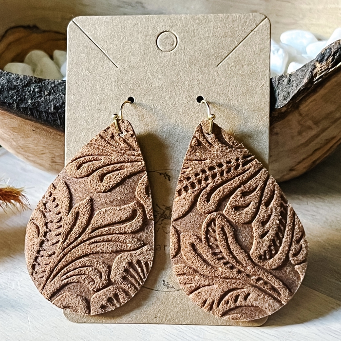 Laura Handmade Leather & Lace Embossed Teardrop Earrings