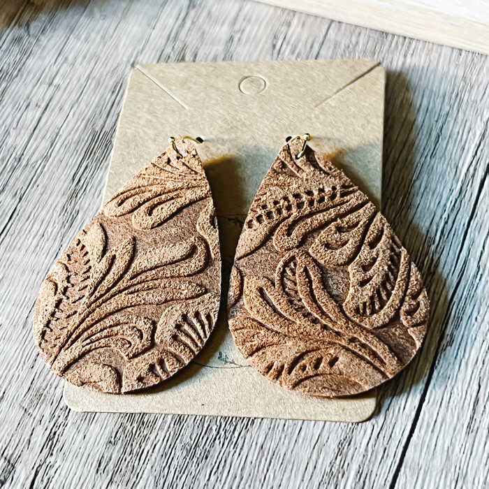 Laura Handmade Leather & Lace Embossed Teardrop Earrings