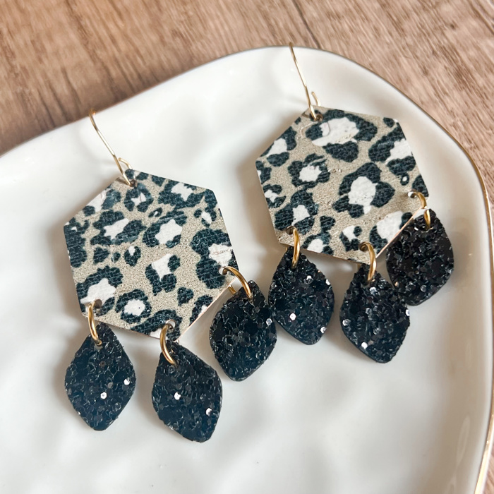 A Wild Time Luxe Fall Hexagon Animal Print & Glitter Leather Earrings