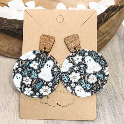 Ghost & Flowers Round Leather Handmade Halloween Earrings