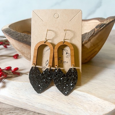 Laura Black Glitter Heart & Arch Handmade Earrings