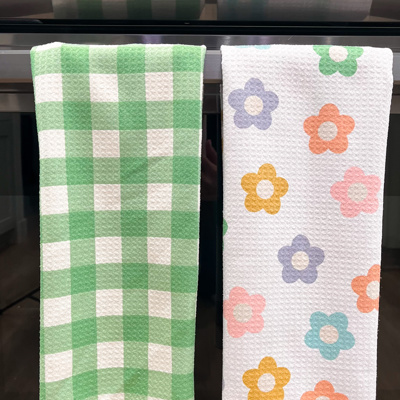 Reversible Waffle Knit Dish Towel  "Lucky Petals"