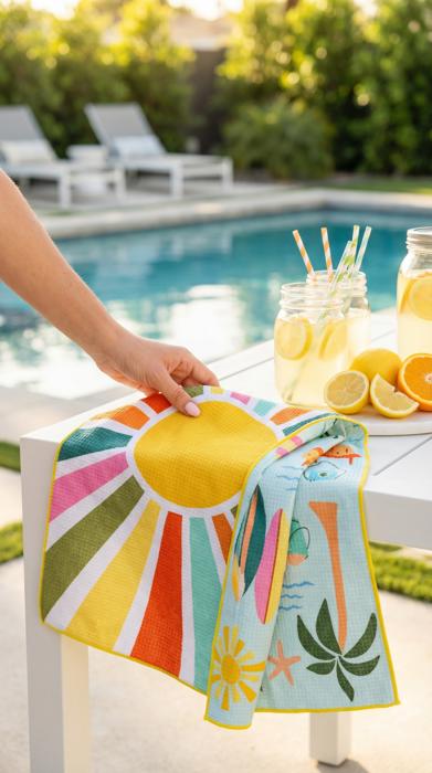 Reversible Waffle Knit Dish Towel "Beach Day"