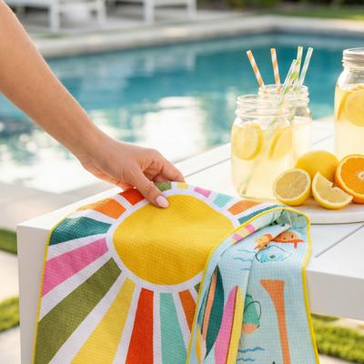 Reversible Waffle Knit Dish Towel "Beach Day"
