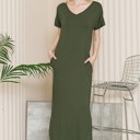 Medium OLIVE SHORT SLEEVE MAXI DRESS WITH SIDE SLIT AND POCKETS