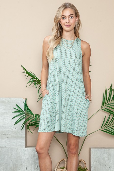 PRINTED CREW NECK SLEEVELESS DRESS WITH POCKETS