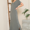 XL SAGE SHORT SLEEVE MAXI DRESS WITH SIDE SLIT AND POCKETS