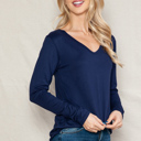 Large NAVY SUPER SOFT V-NECK LONG SLEEVE TOP