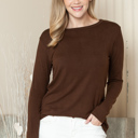 XL BROWN ROUNDED BOTTOM SOLID BASIC LONG SLEEVE TOP