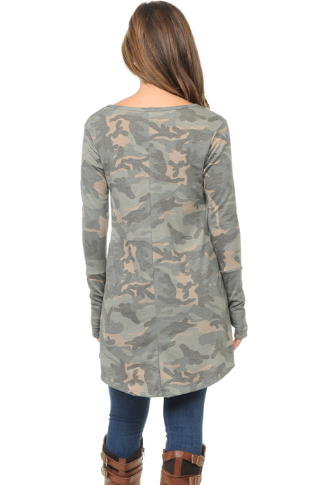 Camo Hi-Low Tunic with Color Block Sleeves