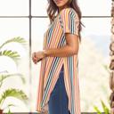 Large MULTI VERTICAL STRIPE SHORT SLEEVE TUNIC WITH SIDE SLIT