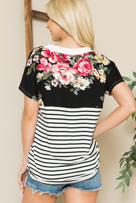 V-NECK STRIPE AND FLORAL COLOR BLOCK TUNIC TOP