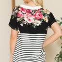 XL BLACK V-NECK STRIPE AND FLORAL COLOR BLOCK TUNIC TOP