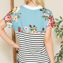 Small TURQUOISE V-NECK STRIPE AND FLORAL COLOR BLOCK TUNIC TOP