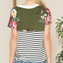 Small OLIVE V-NECK STRIPE AND FLORAL COLOR BLOCK TUNIC TOP