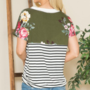 Medium OLIVE V-NECK STRIPE AND FLORAL COLOR BLOCK TUNIC TOP