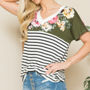 XL OLIVE V-NECK STRIPE AND FLORAL COLOR BLOCK TUNIC TOP