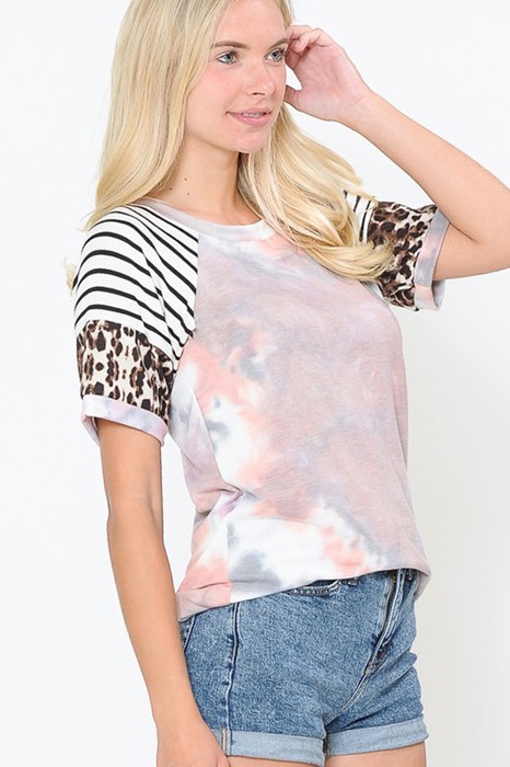 TIE DYE COLOR BLOCK SHORT SLEEVE TOP
