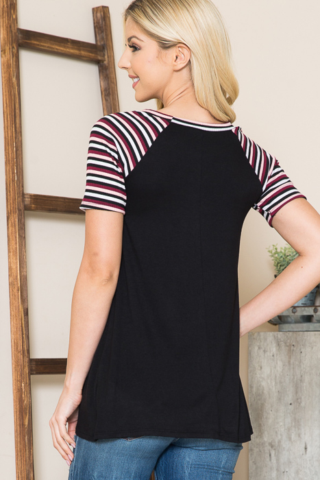 SOLID TUNIC TOP WITH COLORED STRIPE SLEEVES
