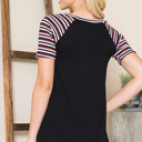 Small BLACK SOLID TUNIC TOP WITH COLORED STRIPE SLEEVES