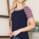 Medium NAVY SOLID TUNIC TOP WITH COLORED STRIPE SLEEVES