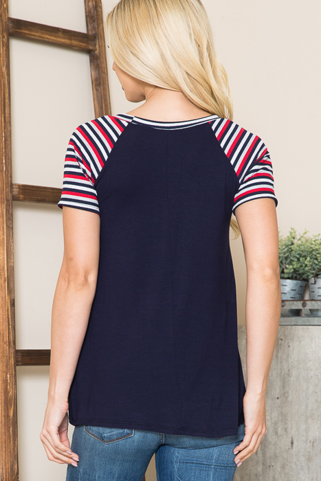 SOLID TUNIC TOP WITH COLORED STRIPE SLEEVES