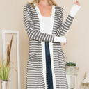 Small DUSTY OLIVE Lightweight Stripe Midi Open Cardigan
