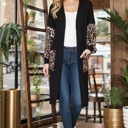 Large BLACK MIDI OPEN CARDIGAN WITH LEOPARD CONTRAST DETAIL