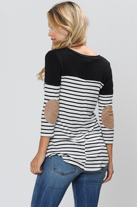 3/4 SLEEVE COLOR BLOCK TOP WITH ELBOW PATCH