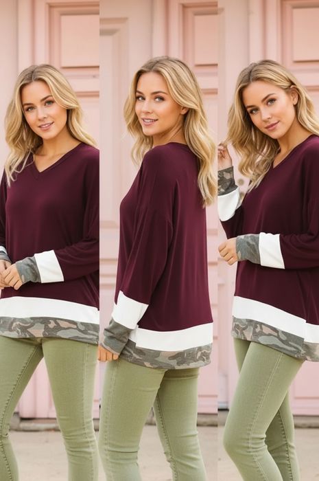 V-NECK OVERSIZE TUNIC TOP WITH COLOR BLOCK DETAIL