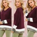Medium BURGUNDY V-NECK OVERSIZE TUNIC TOP WITH COLOR BLOCK DETAIL