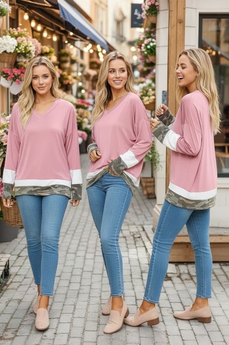 V-NECK OVERSIZE TUNIC TOP WITH COLOR BLOCK DETAIL