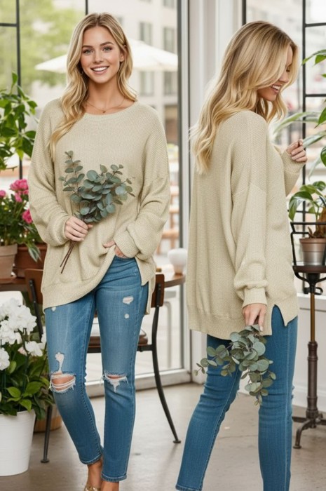 WAFFLE OVERSIZED SWEATSHIRT WITH SIDE SLIT