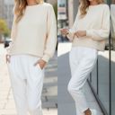 Small CREAM WAFFLE LONG SLEEVE CROP TOP