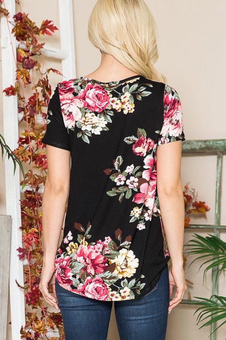 CRISS CROSS CHEST FLORAL SHORT SLEEVE TOP