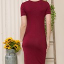 Small BURGUNDY BASIC NECK CUTOUT KNEE LENGTH SHORT SLEEVE DRESS