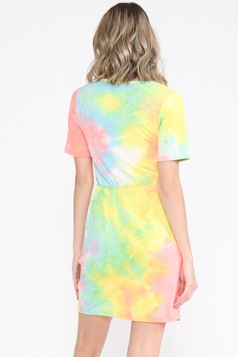 TIE DYE SHORT SLEEVE WAIST TIED DRESS WITH POCKETS